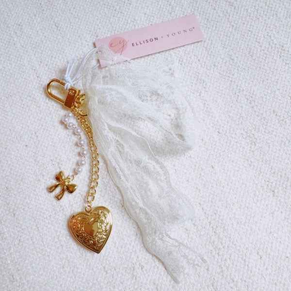 Lace & Love Heart Bag Charm  – White Bow with Gold