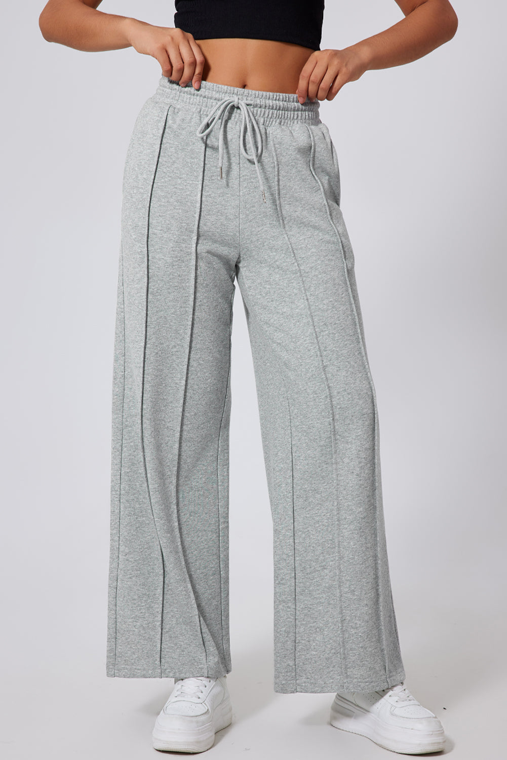 Gray Seamed Drawstring High Waist Wide Leg Sweatpants Dear-Lover Dropshipping