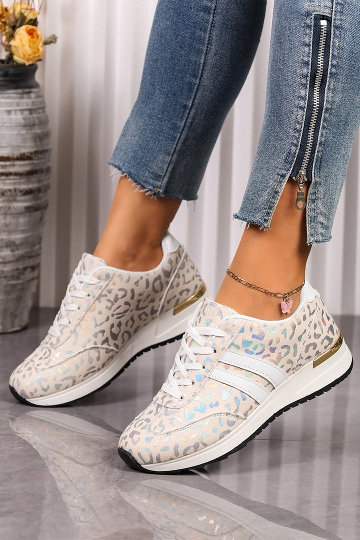 White Leopard Print Lace-Up Low-Top Sneakers with Rubber Sole Dear-Lover Dropshipping