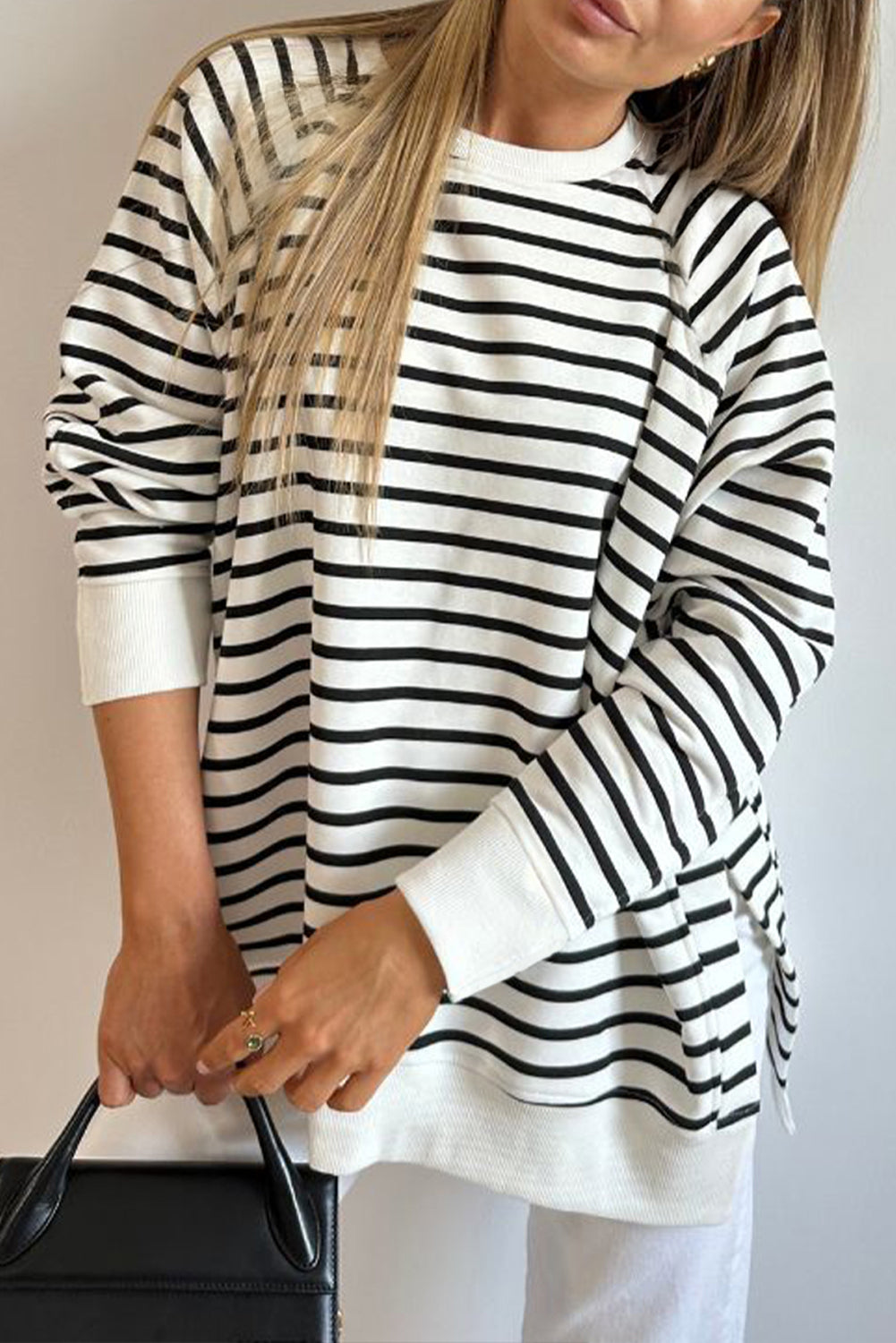 Black Stripe Raglan Sleeve Side Slits Loose Sweatshirt Dear-Lover Dropshipping