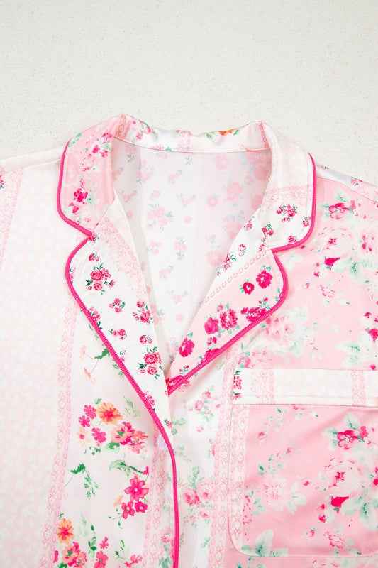Floral Shirt Satin Tie and Shorts Pajama Set