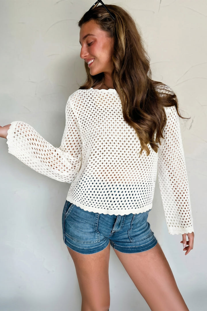 White Scalloped Trim Hollow Out Knit Long Sleeve Top Dear-Lover Dropshipping