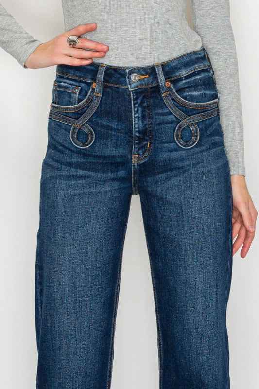 High Rise Ankle Straight Jeans - Western Detail De