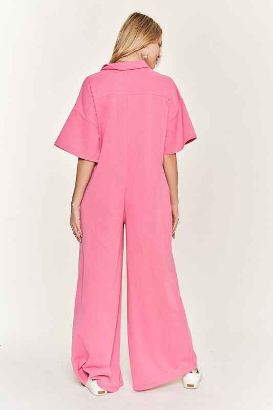 Basic Collar Shirt Wide leg Jumpsuit
