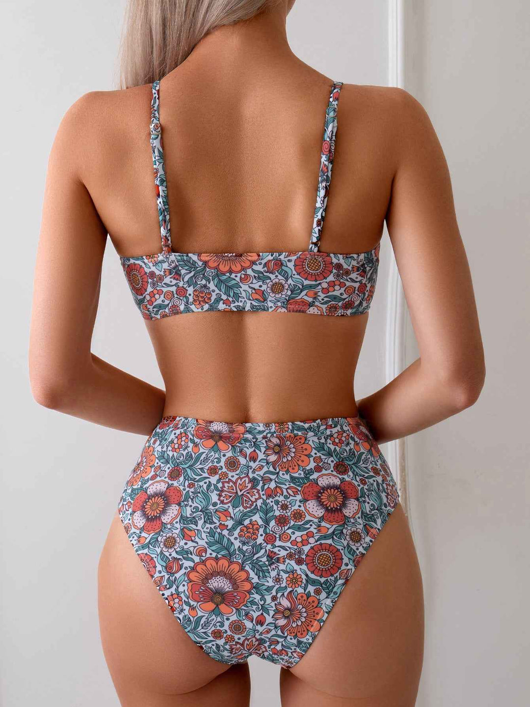 Women's Retro Floral Bikini Set, Tie-Front V-Neck Top & High Waist Bottom, 2 Piece Boho Swimsuit