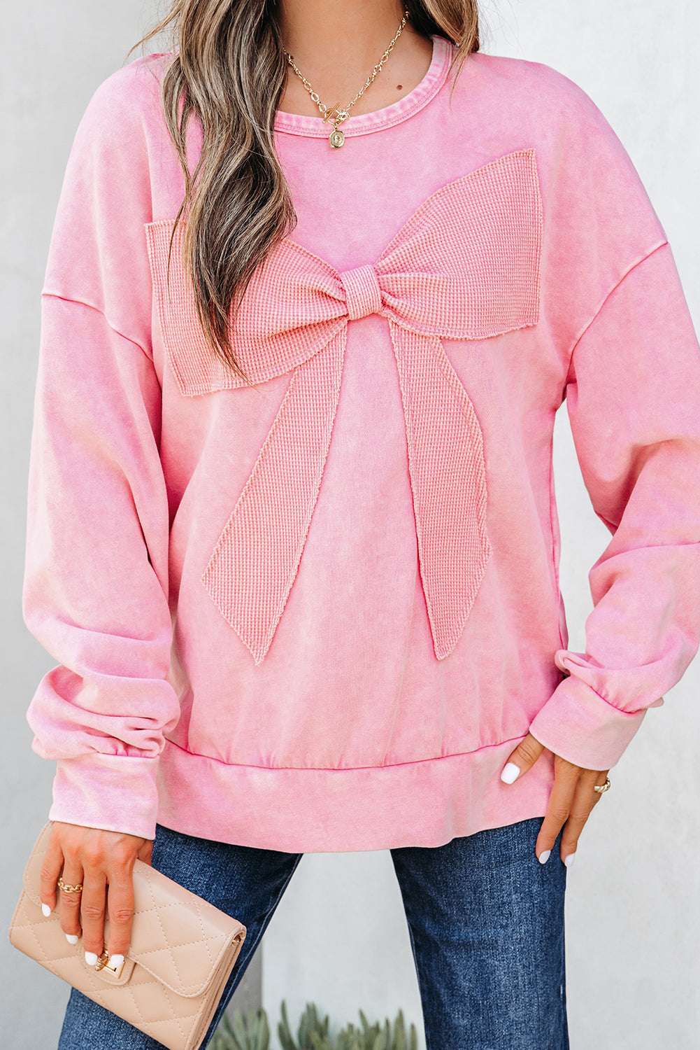 Bright Pink Mineral Wash Big Bow Patchwork Pullover Sweatshirt Dear-Lover Dropshipping