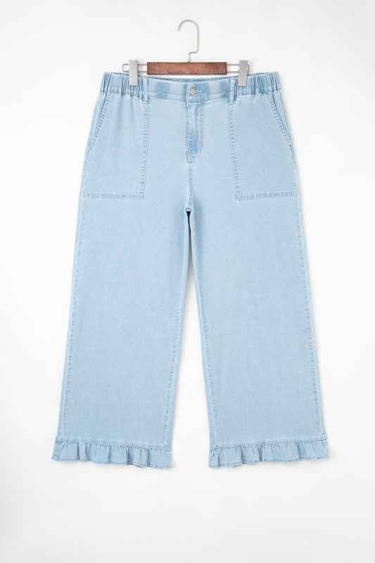 Plus Size Denim Elastic Waist Wide Leg Pants