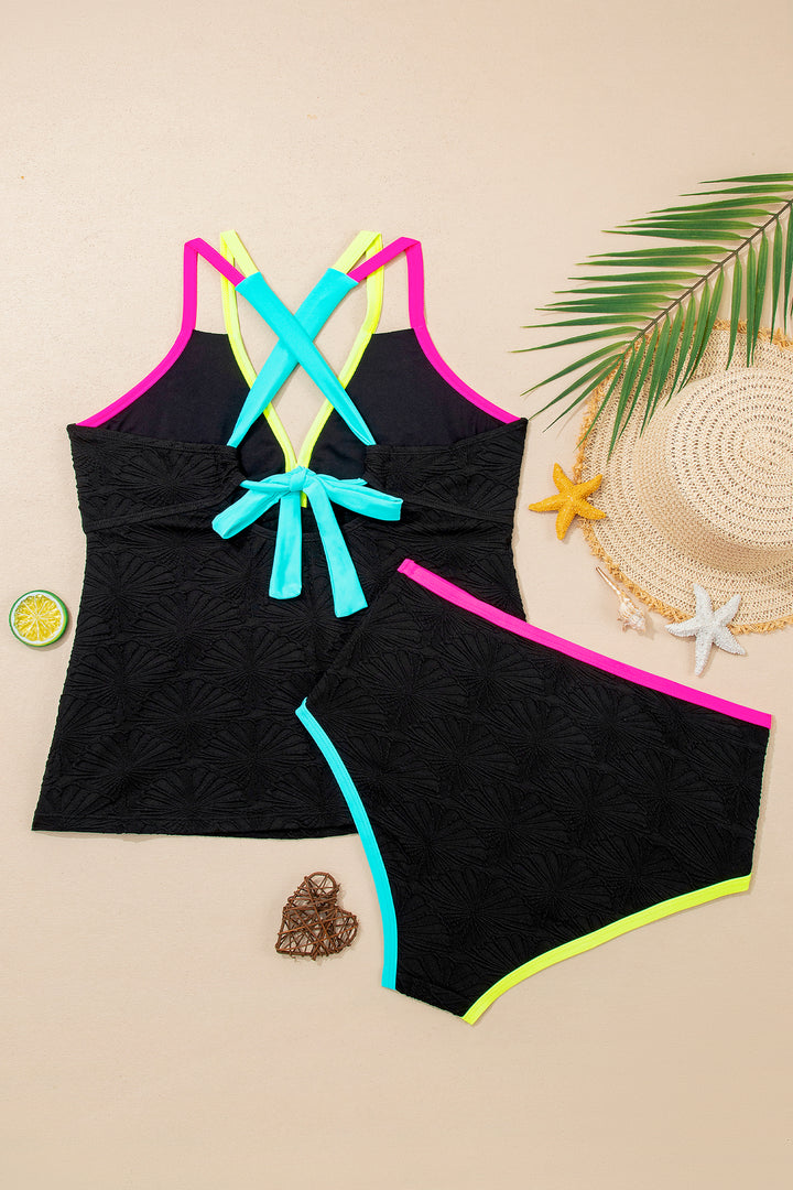 Black Floral Textured Neon Trim V Neck Crisscross Backless Tankini Set Dear-Lover Dropshipping