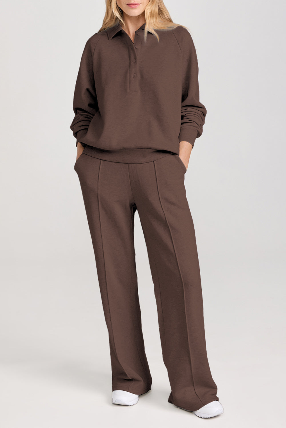 Dark Brown Solid Collared Sweatshirt and High Waist Pants Active Set Dear-Lover Dropshipping