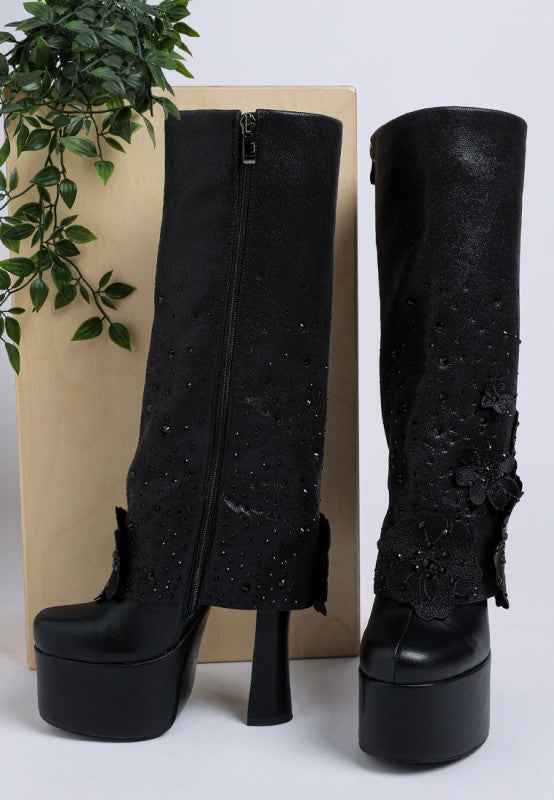 Sundra Floral Applique Platform Heeled Boots