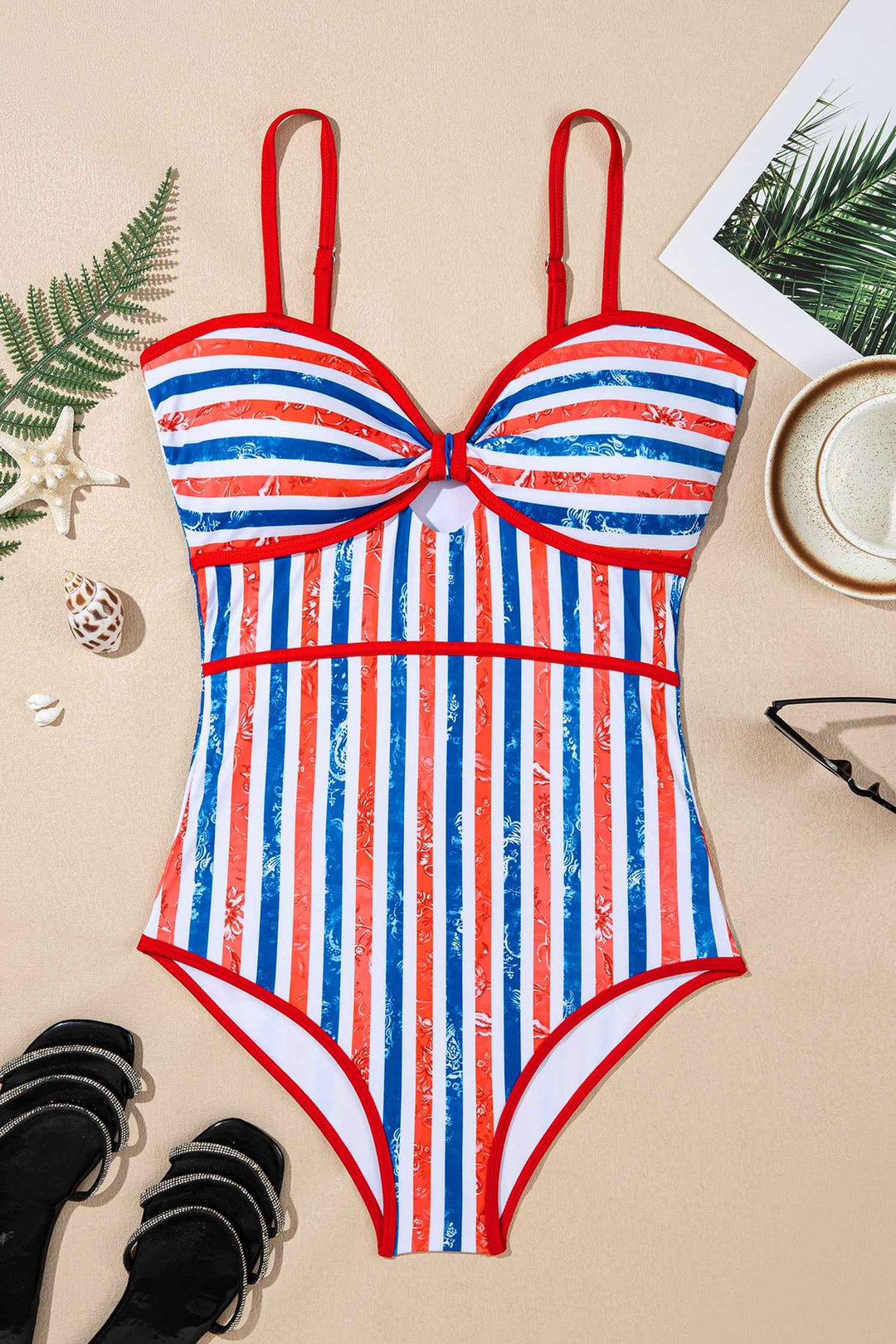 Red July 4th Stripes Impression Cutout Spaghetti Straps One Piece Swimsuit