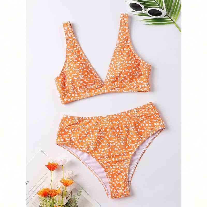 Women's Ditsy Floral Bikini Set, Plunge V-Neck Wide Strap Top & High Waist Bottom, 2 Piece Retro Swimsuit