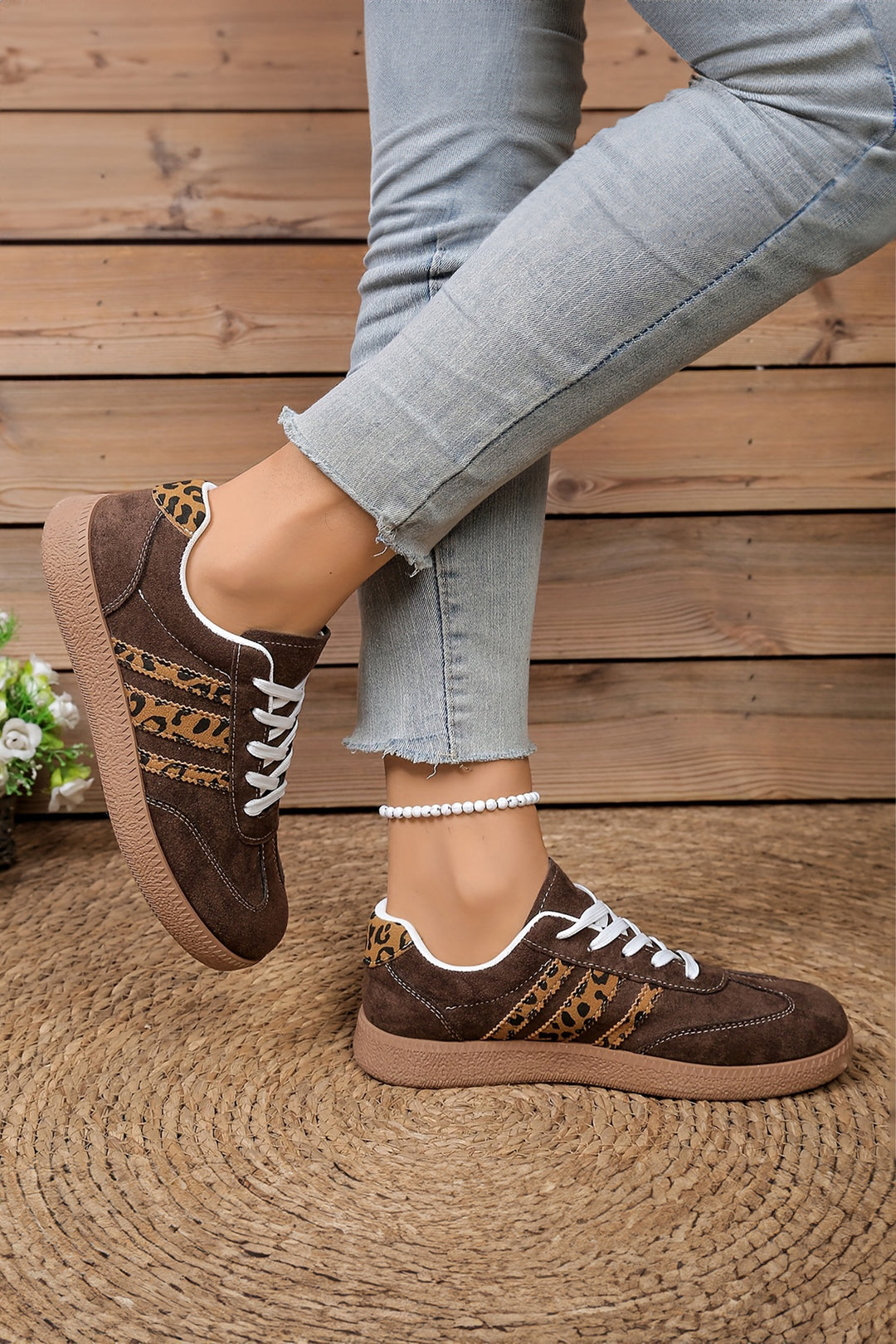 Coffee Contrast Lace-up Leopard Patchwork Detail Faux Suede Shoes Dear-Lover Dropshipping