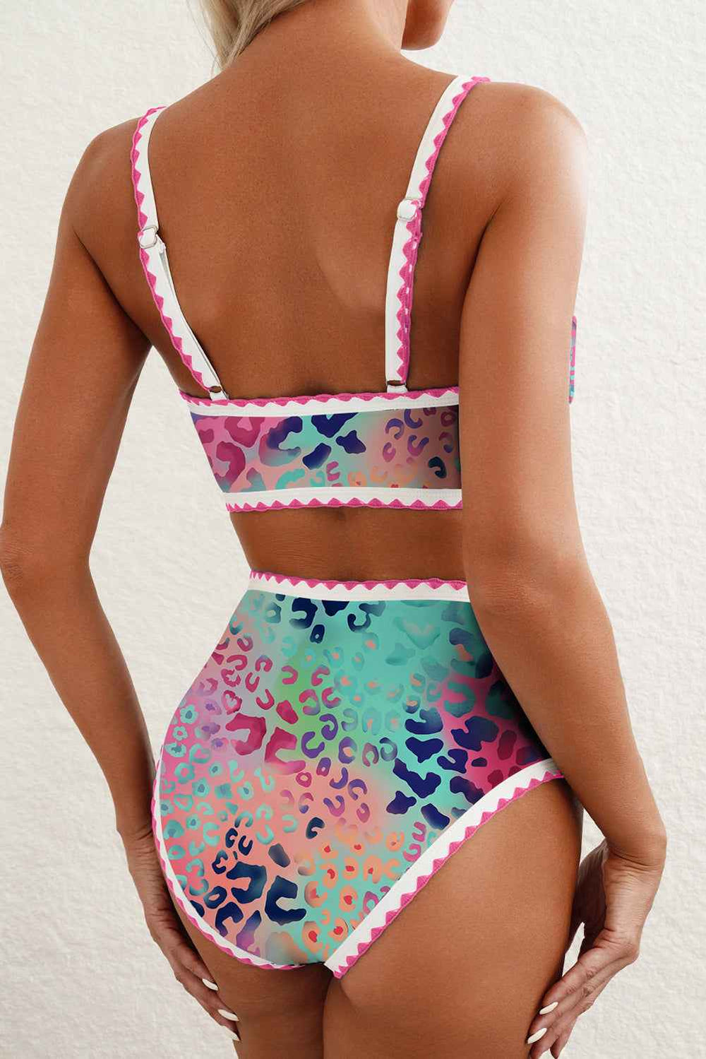 Pink Leopard Ricrac Trim Square Neck High Waist Bikinich