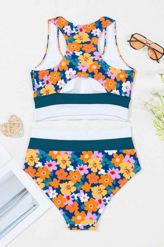 Floral Racerback Cutout High Waist Bikini Set