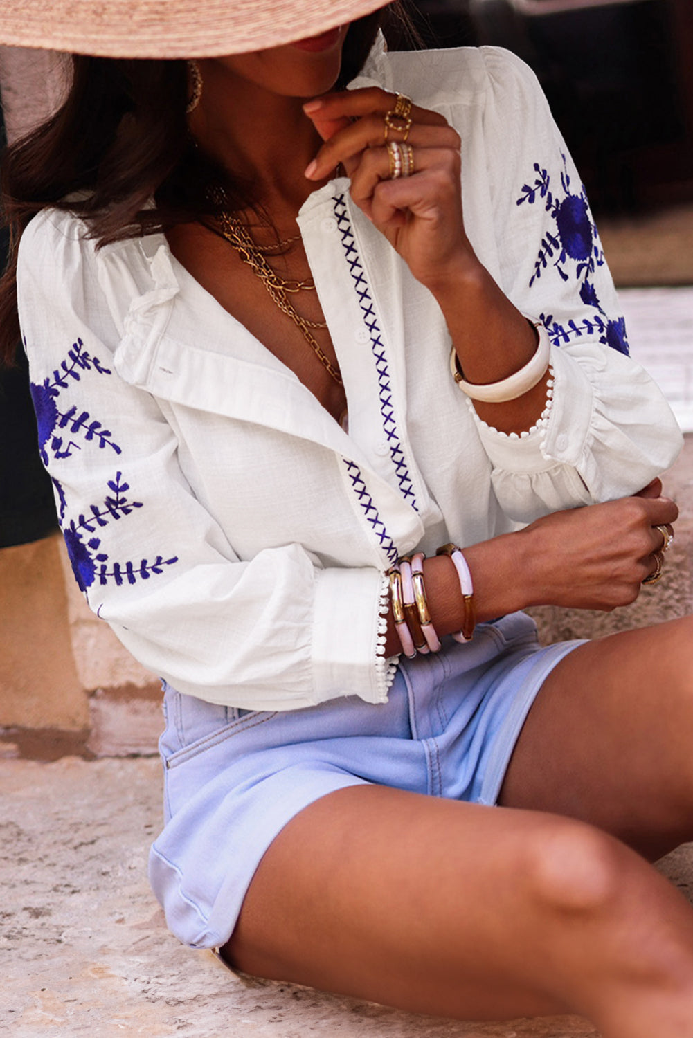 White Floral Embroidered Bracelet Sleeve Shirt Dear-Lover Dropshipping