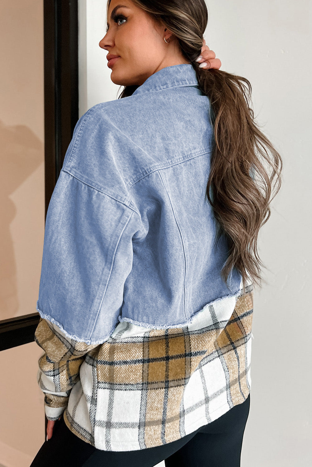 Khaki Plaid Patchwork Buttoned Oversized Denim Jacket Dear-Lover Dropshipping