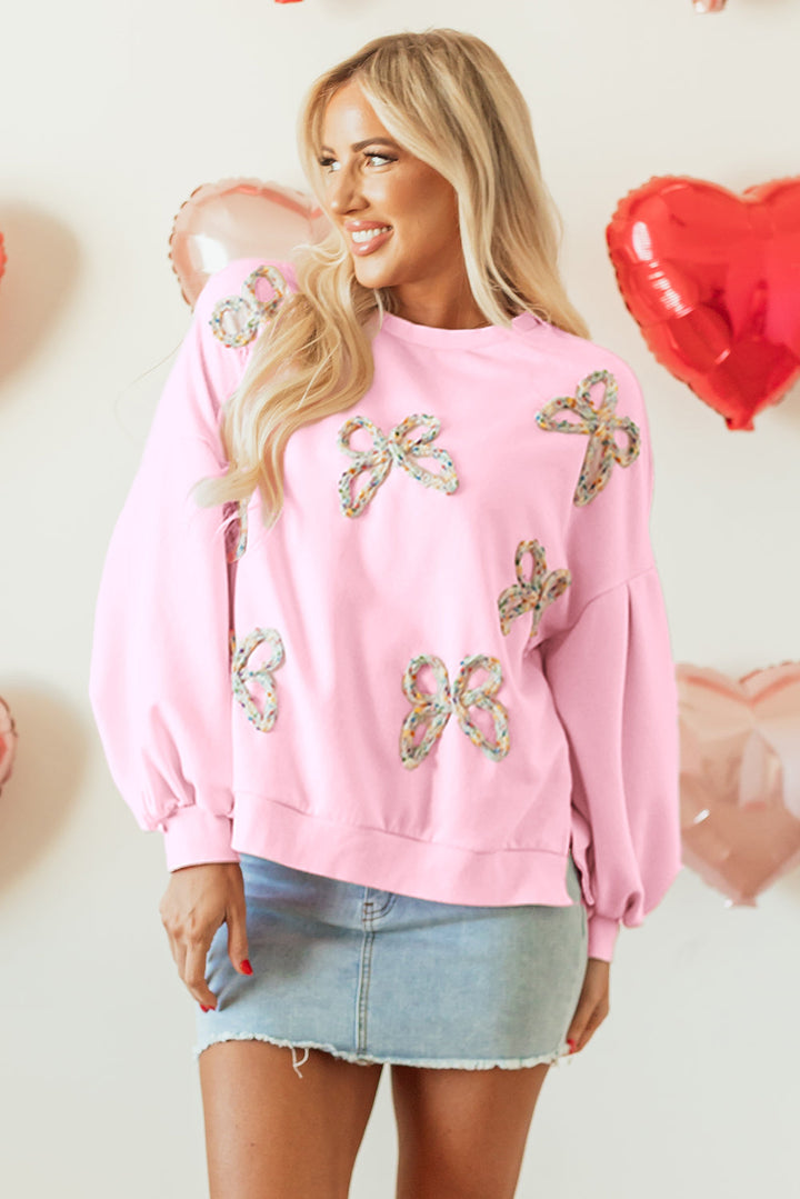 Light Pink Embroidered Bow Lantern Sleeve Oversized Pullover Sweatshirt Dear-Lover Dropshipping
