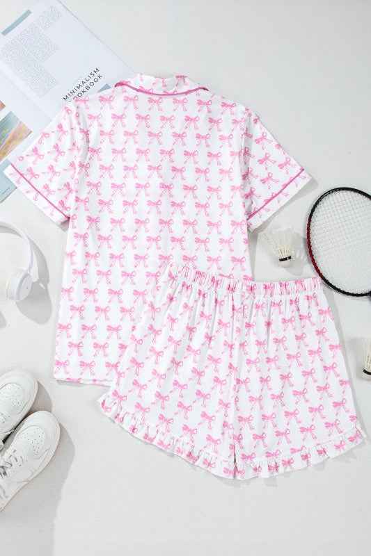 Bow Short Sleeve Top and Shorts Pajama Set