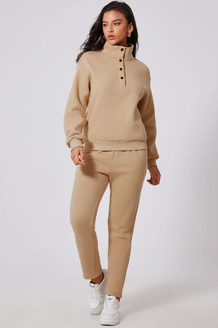 Parchment Solid Half Button Sweatshirt and High Waist Sweatpants Set Dear-Lover Dropshipping