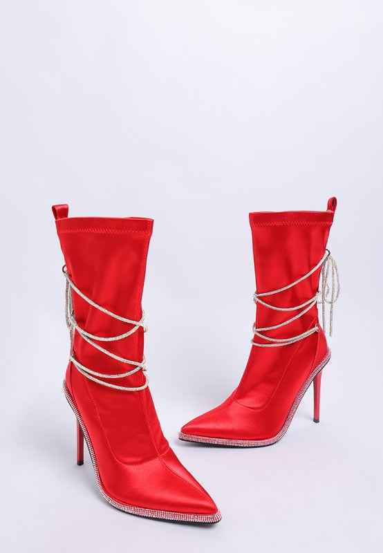 Dacia Rhinestones Strap Satin Calf Boots